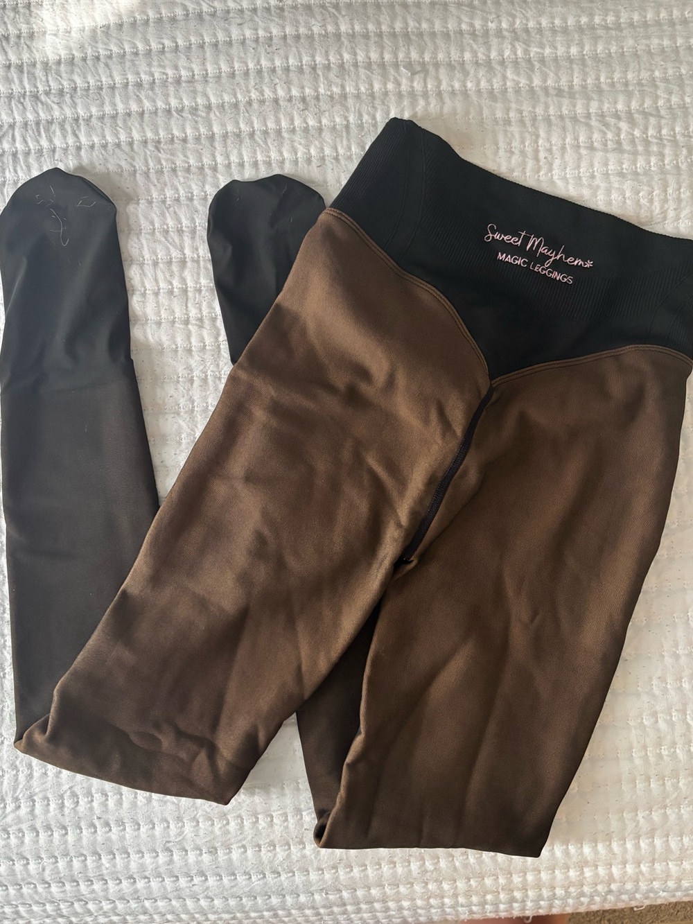 Sweet Mayhem Magic Leggings in Latte/Tan with Black Waistband